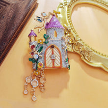 Load image into Gallery viewer, Fantastic Angles and Sequins Enamel Fairy Castle Brooch with Tassel Drop
