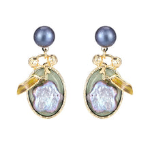 Load image into Gallery viewer, French Vintage Gray Baroque Pearl Enamel Oval Drop Earrings
