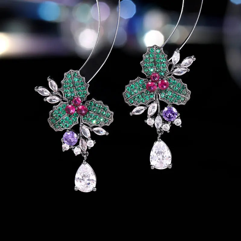 Gogeous Vine & Green Poinsettia Drop Earrings Formal Dressy Jewelry