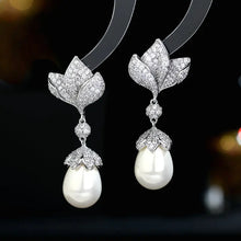 Load image into Gallery viewer, Gorgeous Silver Tone White Orchid Pearl Drop Earrings for Bridal Bridesmaid Accessory
