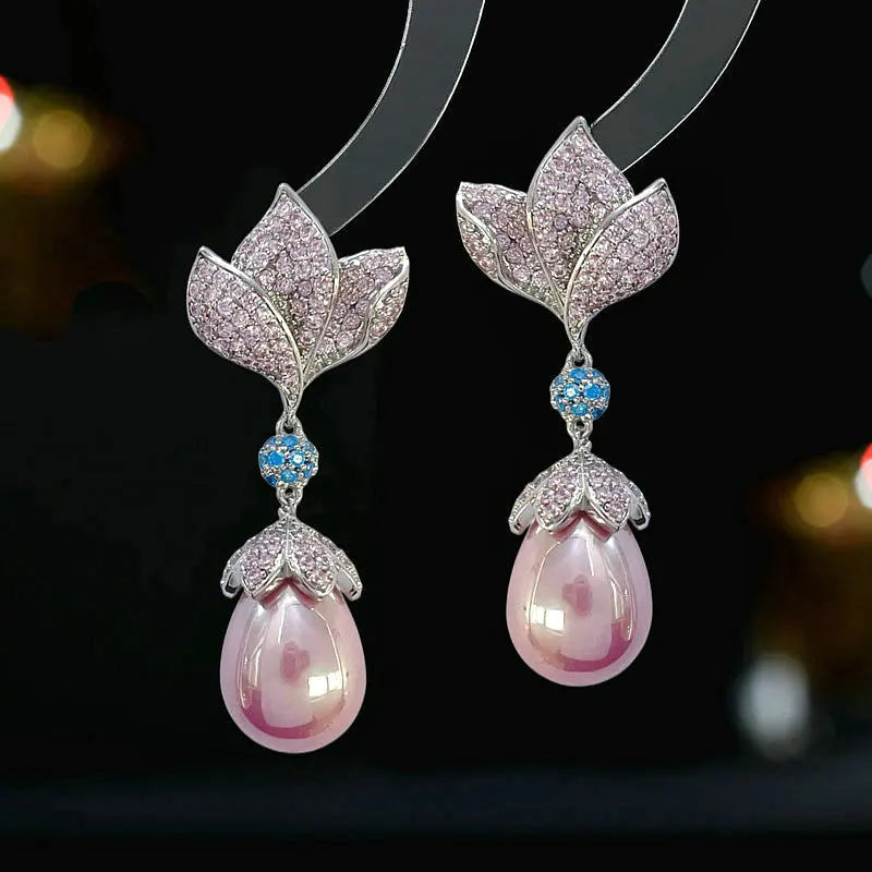 Gorgeous Silver Tone White Orchid Pearl Drop Earrings for Bridal Bridesmaid Accessory