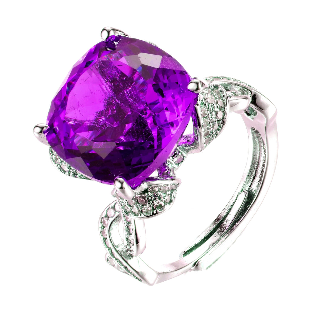 Gorgeous Silver Twist Band Purple Oval CZ Solitaire Adjustable Rings