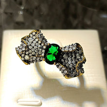 Load image into Gallery viewer, Goth Black Tone Clear&amp; Green Bowknot Cocktail Rings for Women Party Size 7
