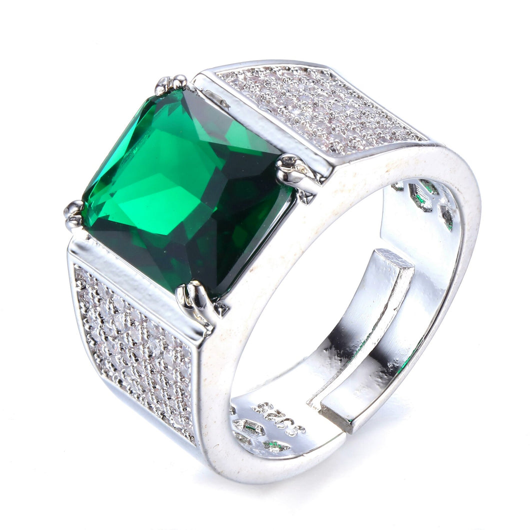 Handsome Green Emerald Square CZ &Pave Halo Wide Band Statement Rings for Men