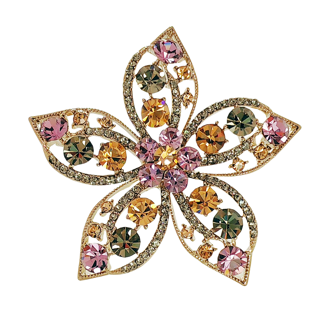 Antique Stylish Open Multi Color Crystal Five Petal Flower Brooch Pendant Pin for Graduation Concert Anniversary Dancing Jewelry