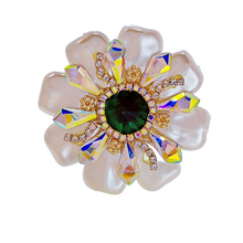 Load image into Gallery viewer, Dazzling Imitated Shell Pearl and Green Crystal Round Flower Brooch Pin with AB Accent Wedding Jewelry
