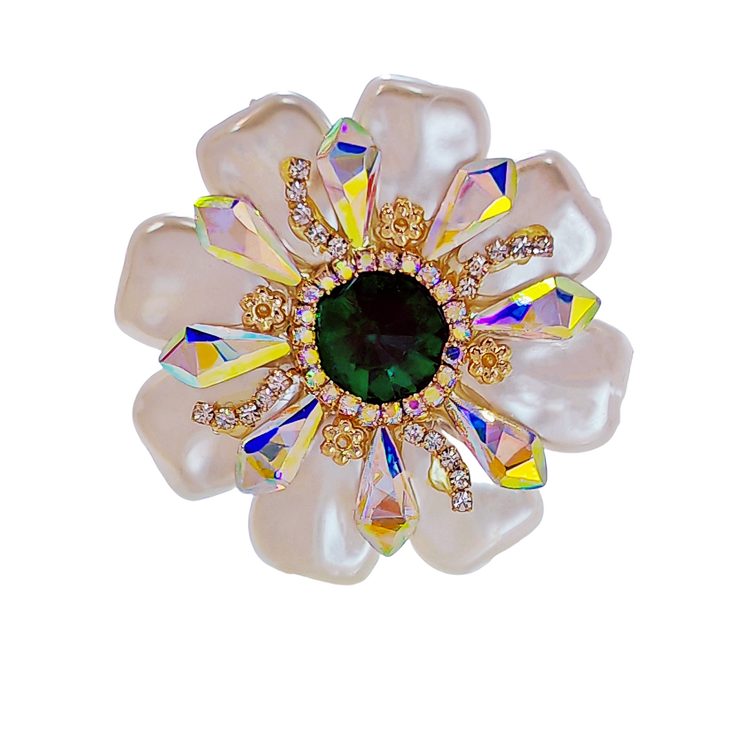 Dazzling Imitated Shell Pearl and Green Crystal Round Flower Brooch Pin with AB Accent Wedding Jewelry