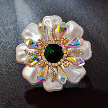 Load image into Gallery viewer, Dazzling Imitated Shell Pearl and Green Crystal Round Flower Brooch Pin with AB Accent Wedding Jewelry
