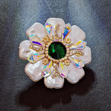 Load image into Gallery viewer, Dazzling Imitated Shell Pearl and Green Crystal Round Flower Brooch Pin with AB Accent Wedding Jewelry
