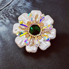 Load image into Gallery viewer, Dazzling Imitated Shell Pearl and Green Crystal Round Flower Brooch Pin with AB Accent Wedding Jewelry
