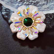 Load image into Gallery viewer, Dazzling Imitated Shell Pearl and Green Crystal Round Flower Brooch Pin with AB Accent Wedding Jewelry
