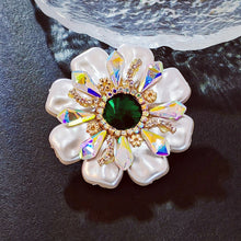 Load image into Gallery viewer, Dazzling Imitated Shell Pearl and Green Crystal Round Flower Brooch Pin with AB Accent Wedding Jewelry
