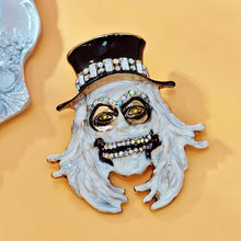 Load image into Gallery viewer, Gothic White Enamel Grim Grinning Ghost Brooch with Hat Scary Jewelry
