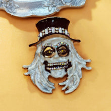 Load image into Gallery viewer, Gothic White Enamel Grim Grinning Ghost Brooch with Hat Scary Jewelry
