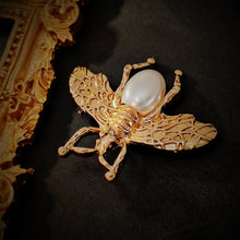 Load image into Gallery viewer, Antique Brass Gold and Pearl Bee Pin Brooch Elegant Insect Jewelry
