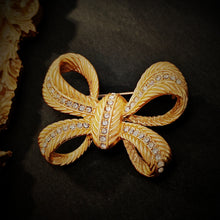 Load image into Gallery viewer, Stunning Gold Croissant Ribbon Bow Brooch Pin with Crystal Accent
