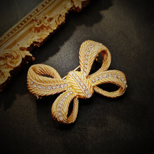 Load image into Gallery viewer, Stunning Gold Croissant Ribbon Bow Brooch Pin with Crystal Accent
