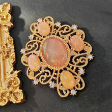 Load image into Gallery viewer, Delicate Gold Scroll and Pink Oval Brooch Art t Nouveau Jewelry
