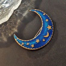 Load image into Gallery viewer, Excellent Sleeping Metal Stars and Cobalt Blue Enamel Crescent Moon Brooch Pin Night Jewelry
