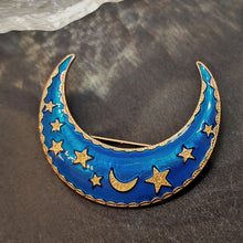 Load image into Gallery viewer, Excellent Sleeping Metal Stars and Cobalt Blue Enamel Crescent Moon Brooch Pin Night Jewelry
