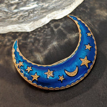 Load image into Gallery viewer, Excellent Sleeping Metal Stars and Cobalt Blue Enamel Crescent Moon Brooch Pin Night Jewelry
