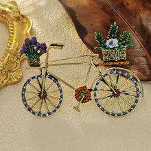 Load image into Gallery viewer, Stunning Vintage Metallic Women Bike Brooch with Enamel Flower Basket
