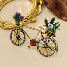 Load image into Gallery viewer, Stunning Vintage Metallic Women Bike Brooch with Enamel Flower Basket
