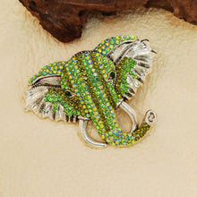 Load image into Gallery viewer, Retro Indian Style Green Crystal Elephant Head Brooch with AB Accent Unisex Tropical Animal Jewelry
