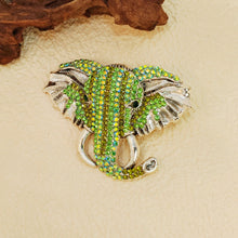 Load image into Gallery viewer, Retro Indian Style Green Crystal Elephant Head Brooch with AB Accent Unisex Tropical Animal Jewelry
