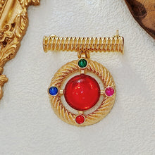 Load image into Gallery viewer, Modernist Gold Wrapped Bar &amp; Red Round Stone Drop Brooch Pin Baroque Vintage Jewelry
