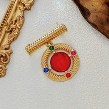 Load image into Gallery viewer, Modernist Gold Wrapped Bar &amp; Red Round Stone Drop Brooch Pin Baroque Vintage Jewelry
