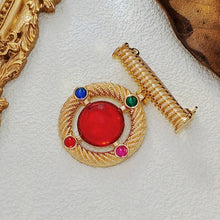 Load image into Gallery viewer, Modernist Gold Wrapped Bar &amp; Red Round Stone Drop Brooch Pin Baroque Vintage Jewelry
