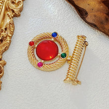 Load image into Gallery viewer, Modernist Gold Wrapped Bar &amp; Red Round Stone Drop Brooch Pin Baroque Vintage Jewelry
