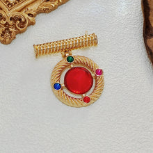 Load image into Gallery viewer, Modernist Gold Wrapped Bar &amp; Red Round Stone Drop Brooch Pin Baroque Vintage Jewelry
