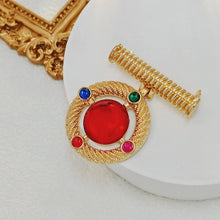 Load image into Gallery viewer, Modernist Gold Wrapped Bar &amp; Red Round Stone Drop Brooch Pin Baroque Vintage Jewelry
