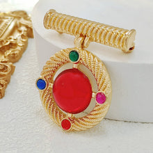 Load image into Gallery viewer, Modernist Gold Wrapped Bar &amp; Red Round Stone Drop Brooch Pin Baroque Vintage Jewelry
