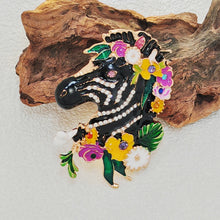 Load image into Gallery viewer, Adorable Floral Crystal and Enamel Zebra Heda Brooch Cute Animal Jewelry
