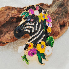 Load image into Gallery viewer, Adorable Floral Crystal and Enamel Zebra Heda Brooch Cute Animal Jewelry
