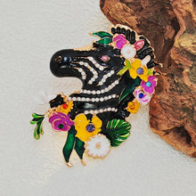 Load image into Gallery viewer, Adorable Floral Crystal and Enamel Zebra Heda Brooch Cute Animal Jewelry
