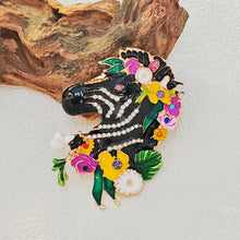 Load image into Gallery viewer, Adorable Floral Crystal and Enamel Zebra Heda Brooch Cute Animal Jewelry
