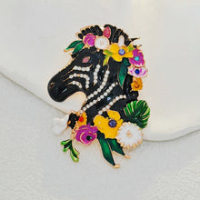 Load image into Gallery viewer, Adorable Floral Crystal and Enamel Zebra Heda Brooch Cute Animal Jewelry
