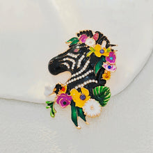 Load image into Gallery viewer, Adorable Floral Crystal and Enamel Zebra Heda Brooch Cute Animal Jewelry
