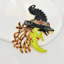 Load image into Gallery viewer, Spooky Green Enamel Witch Brooch with Moon Face Autumnal Halloween Jewelry
