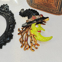 Load image into Gallery viewer, Spooky Green Enamel Witch Brooch with Moon Face Autumnal Halloween Jewelry
