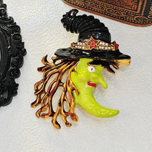 Load image into Gallery viewer, Spooky Green Enamel Witch Brooch with Moon Face Autumnal Halloween Jewelry
