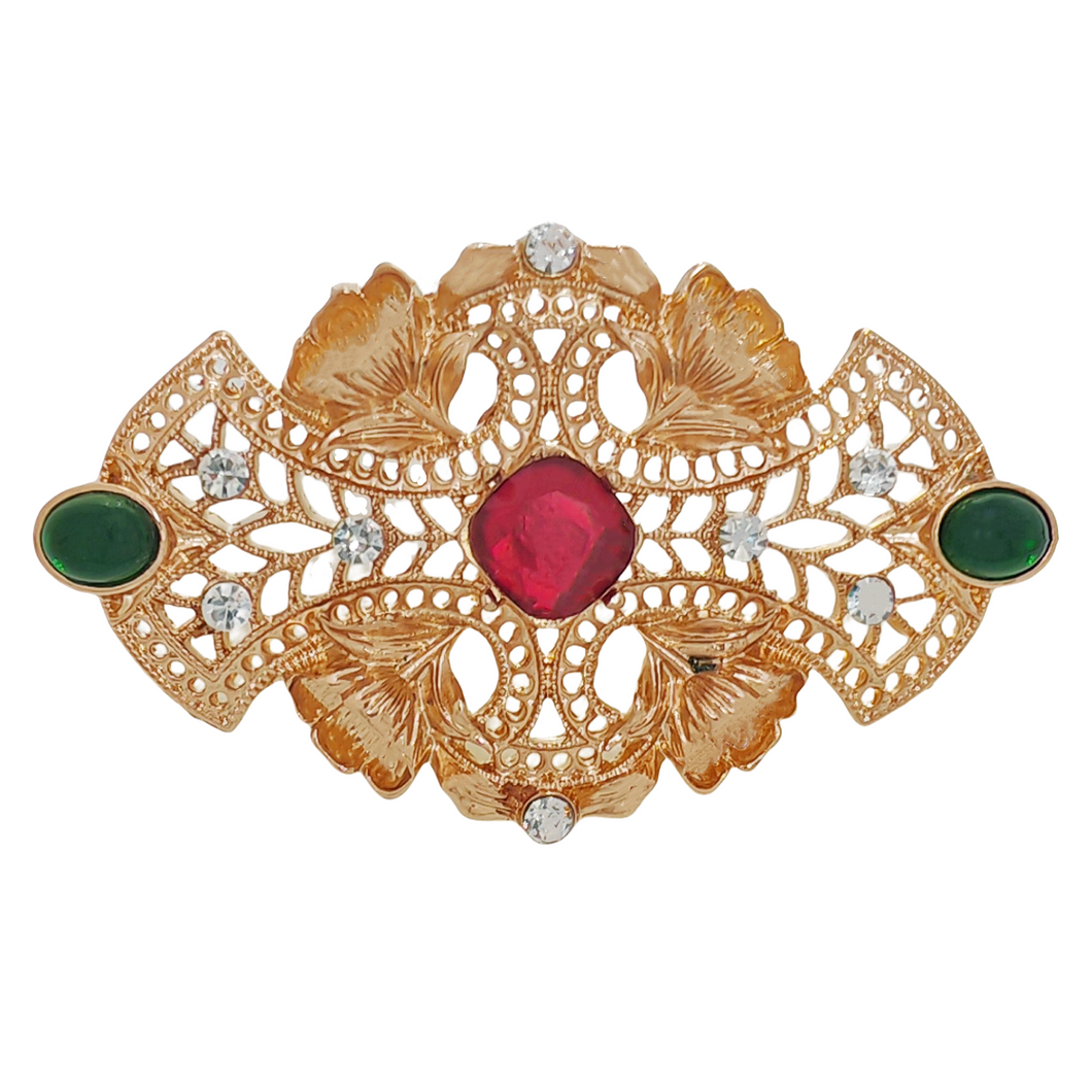 1930s Vintage Gold Ornate & Filigree Red Art Deco Brooch Pin Italian Jewelry