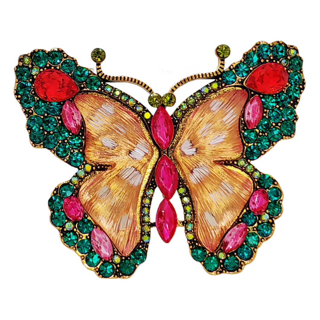 Brillant Green Crystal and Pink Enamel Butterfly Brooch Pin Women Insect Jewelry