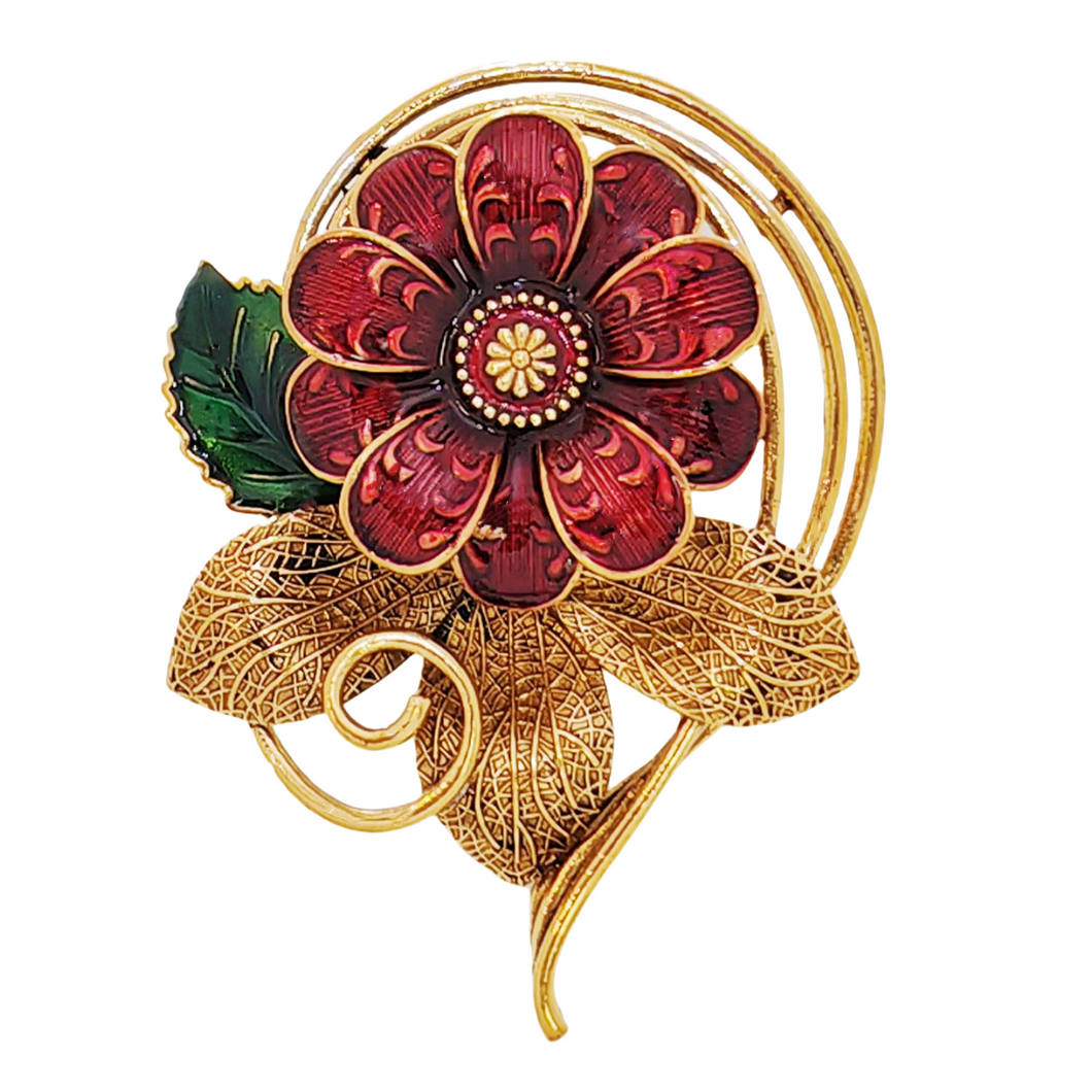 Vintage Autumnal Red Enamel Flower Brooch with Cirlcet Vine Detail