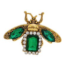 Load image into Gallery viewer, Antique Gold Metal &amp; Green Rhinestone Bee Brooch Insect Bug Jewelry
