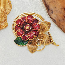 Load image into Gallery viewer, Vintage Autumnal Red Enamel Flower Brooch with Cirlcet Vine Detail
